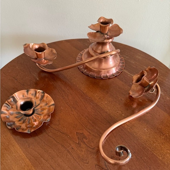 Georgian Copper Candelabra Twist 3 Candlestick Holders Rose Flower Broken - Picture 4 of 9